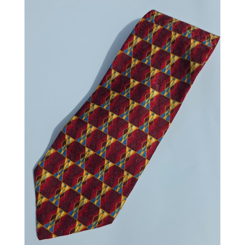 Ermenegildo Zegna Tie Mens OS Burgundy Gold Geometric Silk Italy Classic Formal